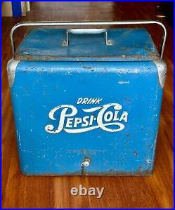 Vintage 1950's Blue PEPSI-COLA Picnic Metal Ice Chest Cooler with Bottle Opener