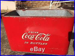 Vintage 1950's Coca Cola Soda Pop Bottle Embossed Metal Picnic Cooler SignNice