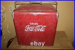 Vintage 1950's Coca Cola Soda Pop Metal Picnic Cooler Ice Chest Sign