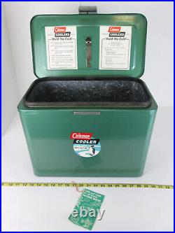 Vintage 1950's Coleman Cooler Ice Chest Green Metal w Original Tag & Can Opener
