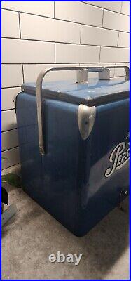 Vintage 1950's Drink Pepsi Cola Blue Metal Cooler Ice Box 18x17x12