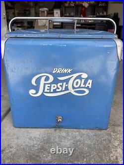 Vintage 1950's Drink Pepsi Cola Blue Metal Cooler Ice Box with Tray