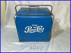 Vintage 1950's Drink Pepsi Cola Blue Metal Portable Picnic Cooler/Ice Box