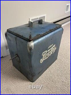 Vintage 1950's Drink Pepsi Cola Blue Metal Progress Refrigerator Cooler/Ice Box