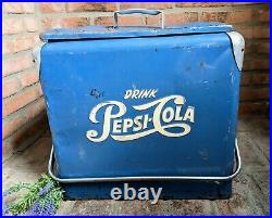 Vintage 1950's Large Pepsi Cola Blue Metal Ice Chest Cooler