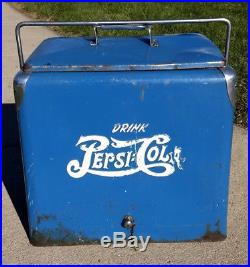 Vintage 1950's Original PEPSI-COLA Metal COOLER withBottle Opener Drain & Tray