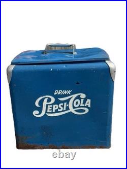Vintage 1950S Drink Pepsi Cola Blue Metal Portable Picnic Cooler/Ice Box/Chest