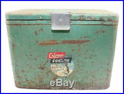 Vintage 1950s Coleman Cooler Green Penguin Logo Metal Chest Tin Steel Patina