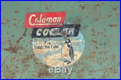 Vintage 1950s Coleman Cooler Green Penguin Logo Metal Chest Tin Steel Patina
