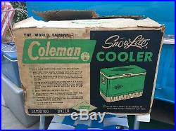 Vintage 1950s Coleman Snow Lite Diamond Cooler Green Metal With Tray & Box 1958