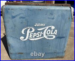 Vintage 1950s Drink Pepsi Cola Blue Metal Ice Cooler chest