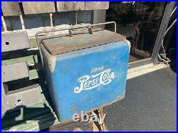 Vintage 1950s Drink Pepsi Cola Blue Metal Ice Cooler chest double dot