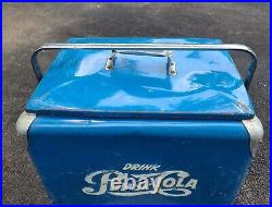 Vintage 1950s Drink Pepsi Cola Blue Metal Ice Cooler chest double dot with tray