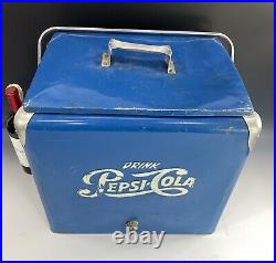 Vintage 1950s Pepsi Cola Blue Metal Picnic Cooler Ice Chest WithBottle Opener