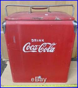 Vintage 1950s Red Metal Drink Coca-Cola Ice Chest Picnic Cooler- Nice Shape