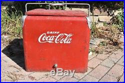 Vintage 1950s Red Metal Embossed Coca Cola Cooler with Original Tray& drain / Rare