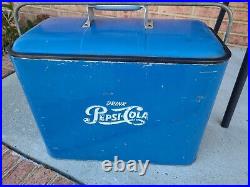 Vintage 1960's Drink Pepsi Cola Blue Metal Portable Ice Cooler Chest
