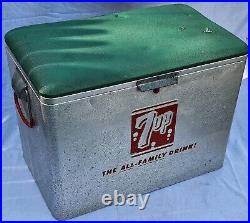 Vintage 1960's Metal 7up 7 Up Soda Pop Embossed Padded Cooler Ice Chest Sign 22 Vintage 1960's Metal 7up 7 Up Soda Pop Embossed Padded Cooler Ice Chest Sign 22