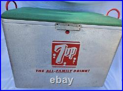 Vintage 1960's Metal 7up 7 Up Soda Pop Embossed Padded Cooler Ice Chest Sign 22 Vintage 1960's Metal 7up 7 Up Soda Pop Embossed Padded Cooler Ice Chest Sign 22