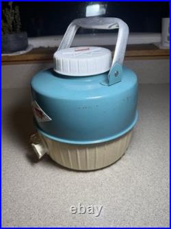 Vintage 1960s Coleman 1 Gallon Metal Water Jug Cooler Teal Cream Made in USA