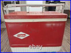 Vintage 1963 Coleman Red Cooler Diamond Logo Metal Bar Handle Latch And Tray