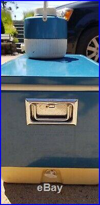 Vintage 1970s Coleman Large Metal Cooler Ice Chest Box Blue withmatching water jug