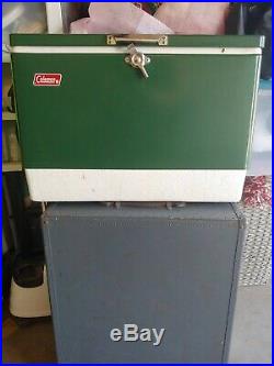 Vintage 1970s Coleman Large Metal Cooler Ice Chest Box Green withice & tray pack