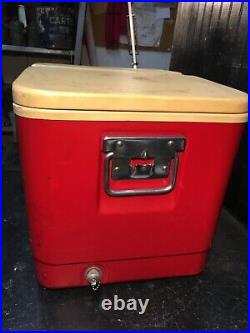 Vintage 1970s Solid Red Thermos Brand Metal Ice Chest Cooler With Bottle Openers