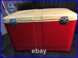 Vintage 1970s Solid Red Thermos Brand Metal Ice Chest Cooler With Bottle Openers