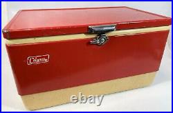 Vintage 1971 Coleman 22 Red Paint Metal Plastic Beach Camp Hiking Chest Cooler