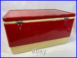 Vintage 1971 Coleman 22 Red Paint Metal Plastic Beach Camp Hiking Chest Cooler