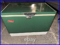 Vintage 1975 Coleman Cooler Green & White 22.5 x 16 x 13.5 Metal Camping Chest