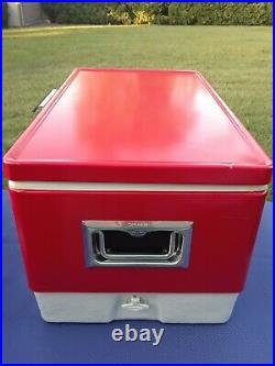 Vintage 1975 Coleman Red Metal 42 Qt Cooler with 1976 blue 1 gal jug and Orig Box