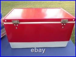 Vintage 1975 Coleman Red Metal 42 Qt Cooler with 1976 blue 1 gal jug and Orig Box
