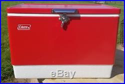 Vintage 1976 COLEMAN RED & WHITE METAL COOLER ICE BOX CHEST