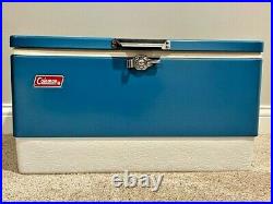 Vintage 1976 Coleman Blue Metal Chest Cooler 22.5 wide With Tray Rare! NICE