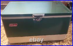 Vintage 1980's Coleman 13.5 x 22.5x 12.5Green Metal Ice Chest Cooler &Thermos