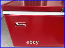 Vintage 1981 Red Coleman Cooler Metal Ice Chest 28X15X16 with Inner Trays