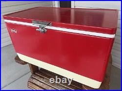 Vintage 1981 Red Coleman Cooler Metal Ice Chest 28X15X16 with Inner Trays