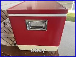 Vintage 1981 Red Coleman Cooler Metal Ice Chest 28X15X16 with Inner Trays