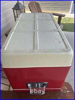 Vintage 1981 Red Coleman Cooler Metal Ice Chest 28X15X16 with Inner Trays