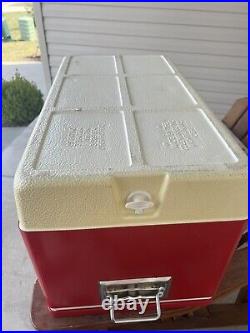 Vintage 1981 Red Coleman Cooler Metal Ice Chest 28X15X16 with Inner Trays