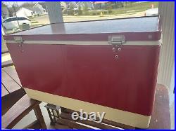 Vintage 1981 Red Coleman Cooler Metal Ice Chest 28X15X16 with Inner Trays