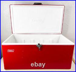 Vintage 1983 Red Coleman Metal Cooler 28x16x15 inch Locking Lid USA Made GUC