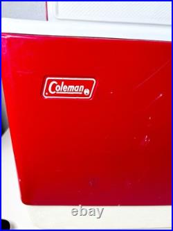 Vintage 1983 Red Coleman Metal Cooler 28x16x15 inch Locking Lid USA Made GUC
