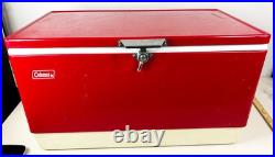 Vintage 1983 Red Coleman Metal Cooler 28x16x15 inch Locking Lid USA Made GUC