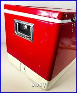 Vintage 1983 Red Coleman Metal Cooler 28x16x15 inch Locking Lid USA Made GUC