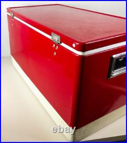 Vintage 1983 Red Coleman Metal Cooler 28x16x15 inch Locking Lid USA Made GUC