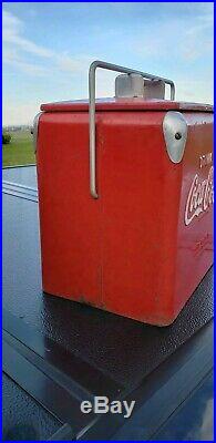 Vintage 50's Coca Cola COKE TempRite Embossed Metal Sign Picnic Soda Pop Cooler