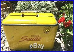 Vintage 50s Metal SQUIRT Cooler withPlug, Opener & SIX FULL Glass Squirt Bottles